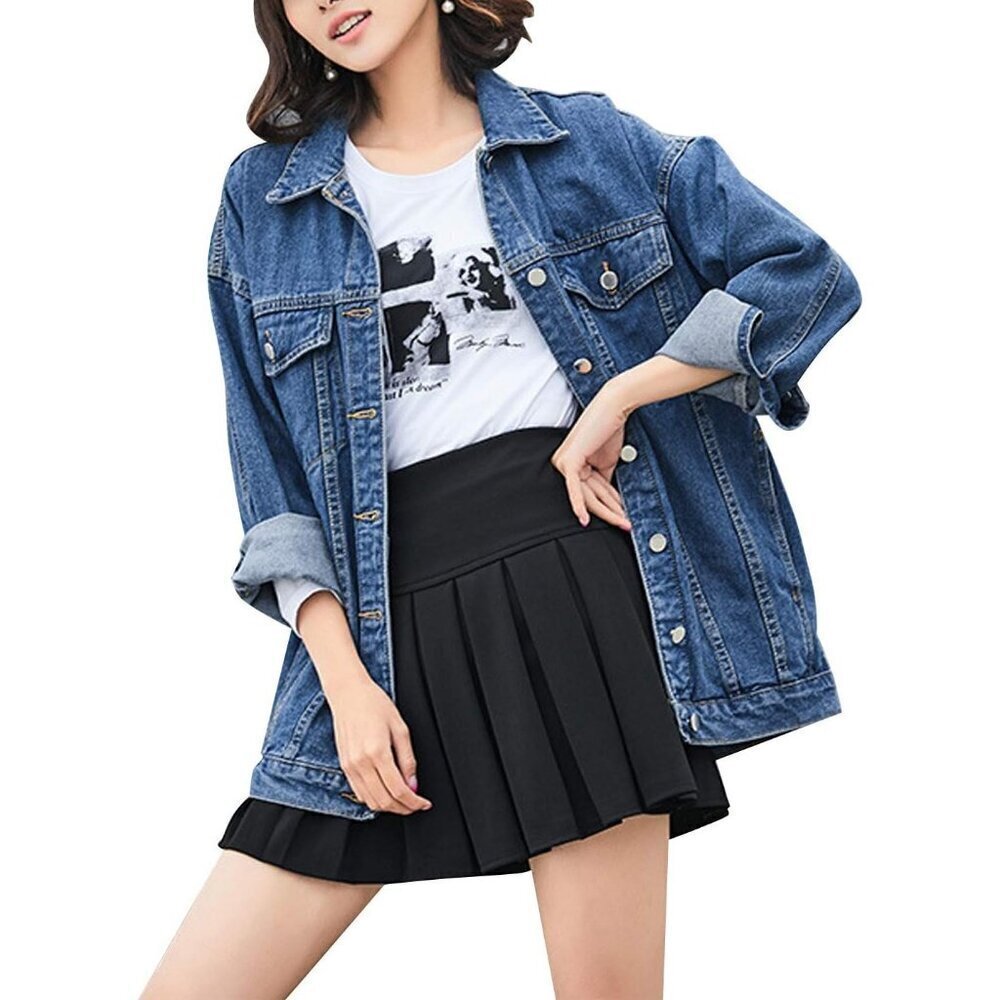 Women's Oversized Mid Long Denim Jacket Jean Biker Coat Long Sleeves Dark Blue